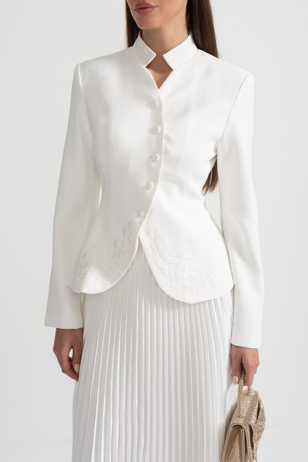 Mandarin Collar Jacket and Pleated Maxi Skirt Co-ord Set – White – view 7