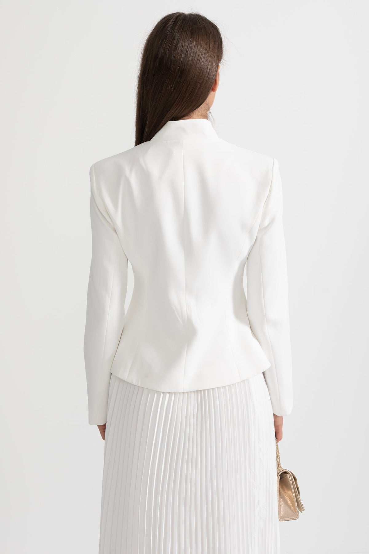 Mandarin Collar Jacket and Pleated Maxi Skirt Co-ord Set – White – view 11