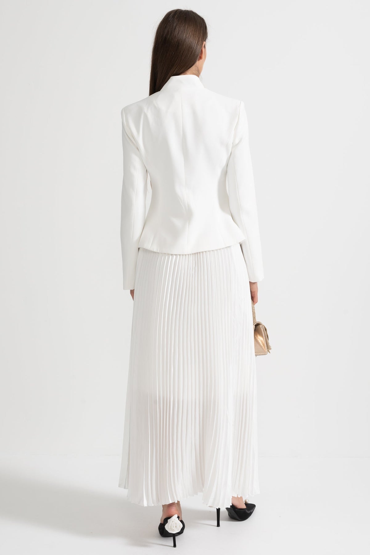 Mandarin Collar Jacket and Pleated Maxi Skirt Co-ord Set – White – view 12