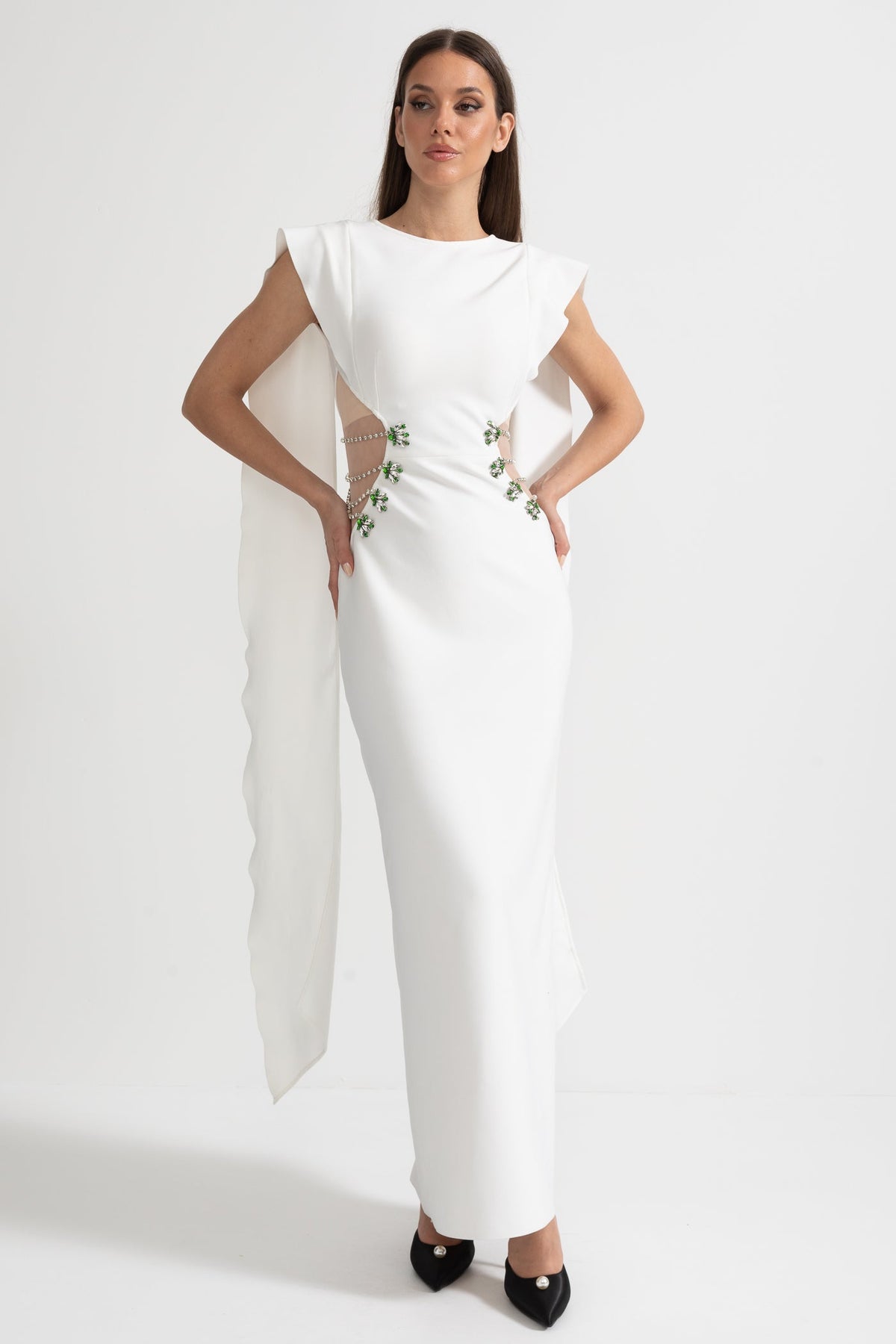 High Neck Sleeveless Maxi Dress with Embellished Side Cut-Outs – White – view 3