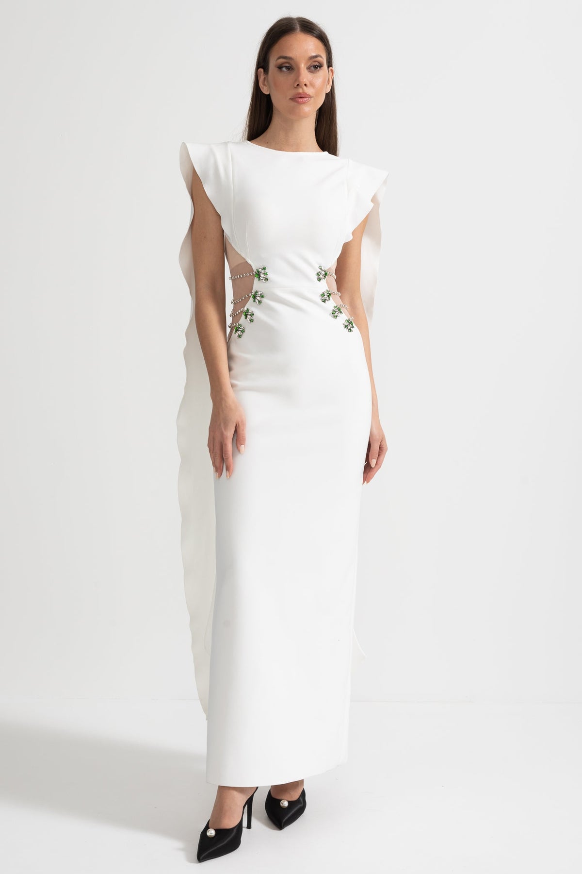 High Neck Sleeveless Maxi Dress with Embellished Side Cut-Outs – White – view 6
