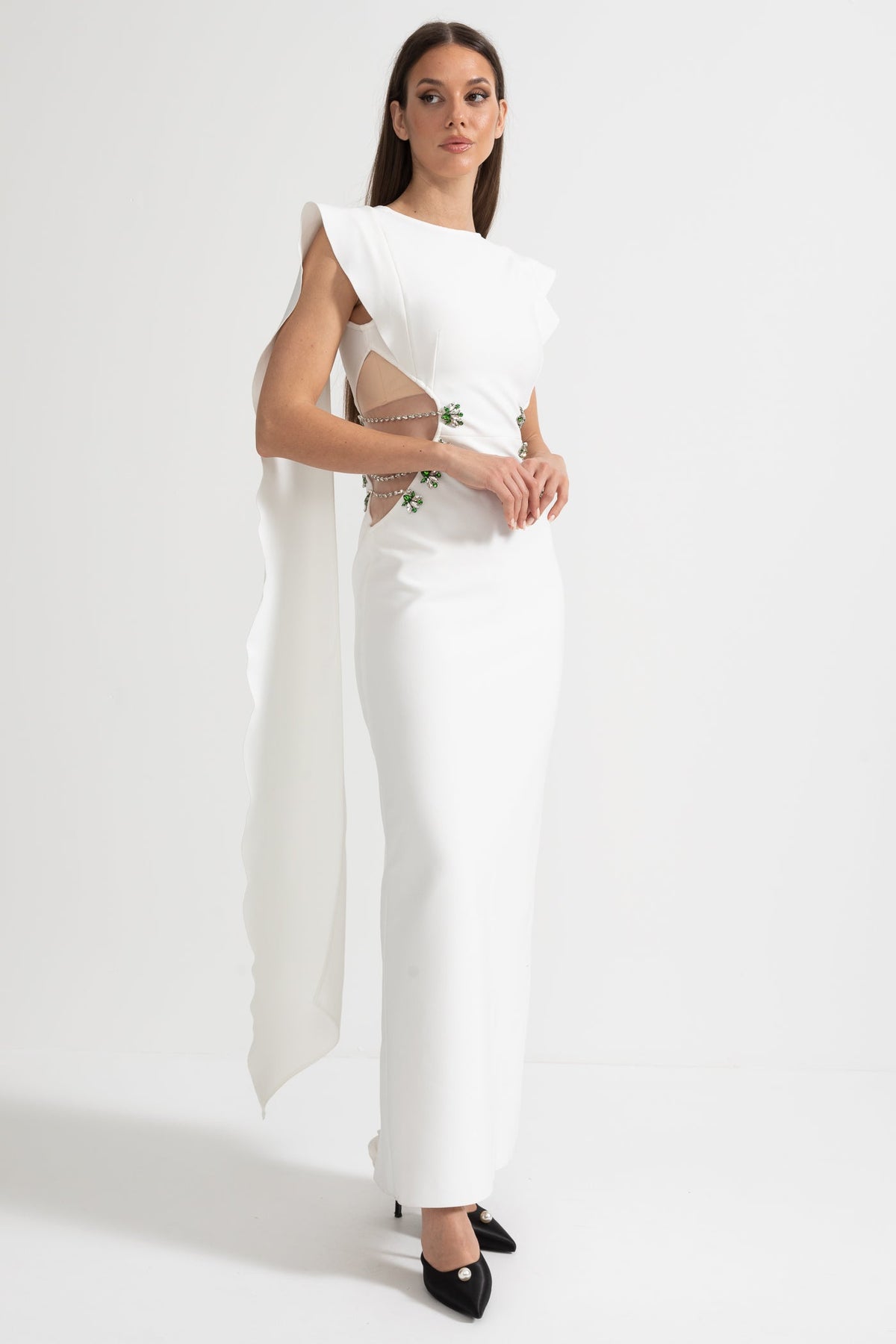 High Neck Sleeveless Maxi Dress with Embellished Side Cut-Outs – White – view 4