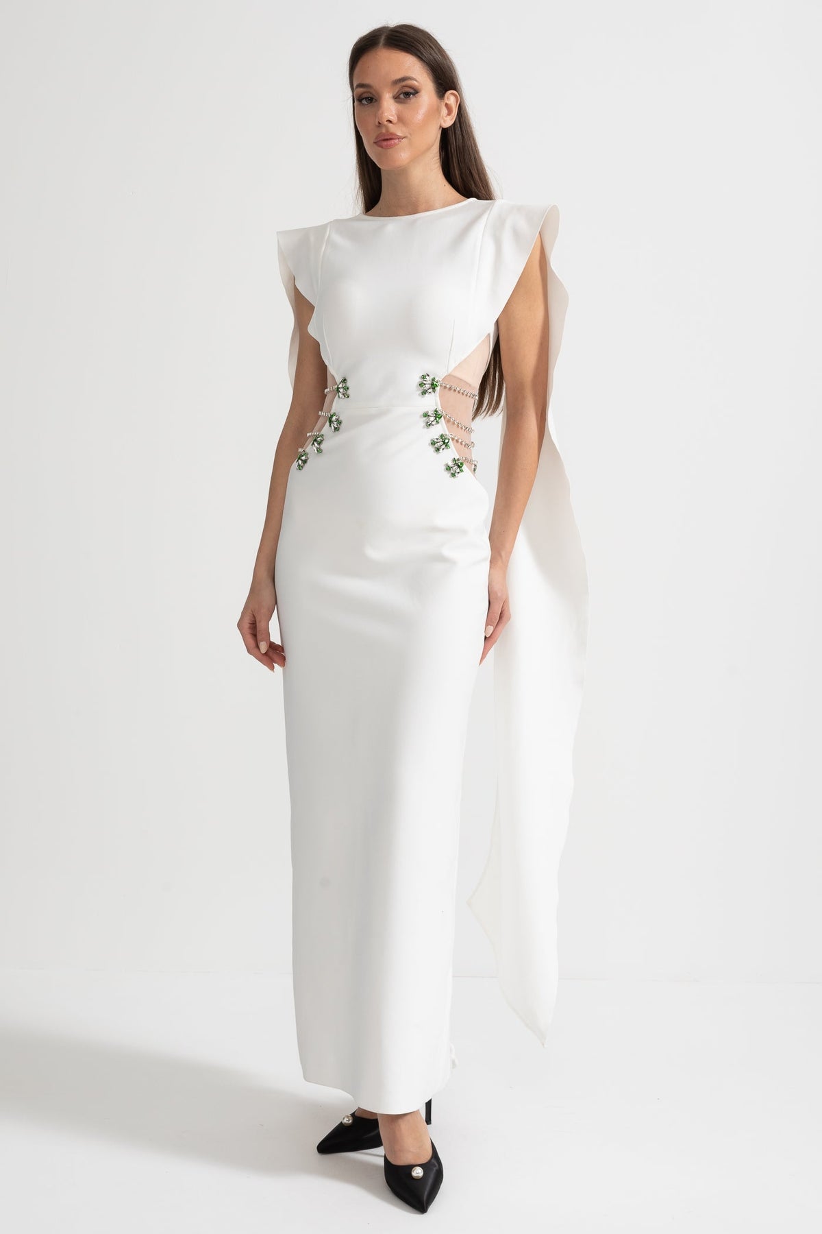 High Neck Sleeveless Maxi Dress with Embellished Side Cut-Outs – White – view 5