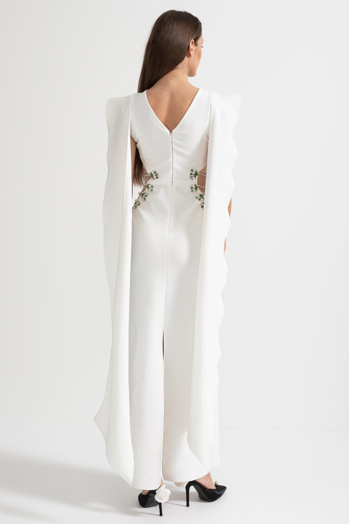 High Neck Sleeveless Maxi Dress with Embellished Side Cut-Outs – White – view 2