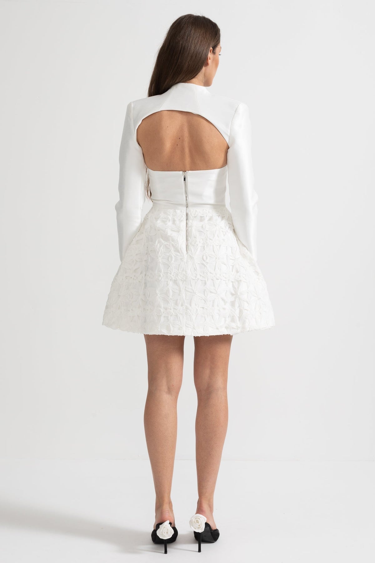 Strapless Sweetheart Mini Dress with Detachable Sculptural Bolero – White – view 3