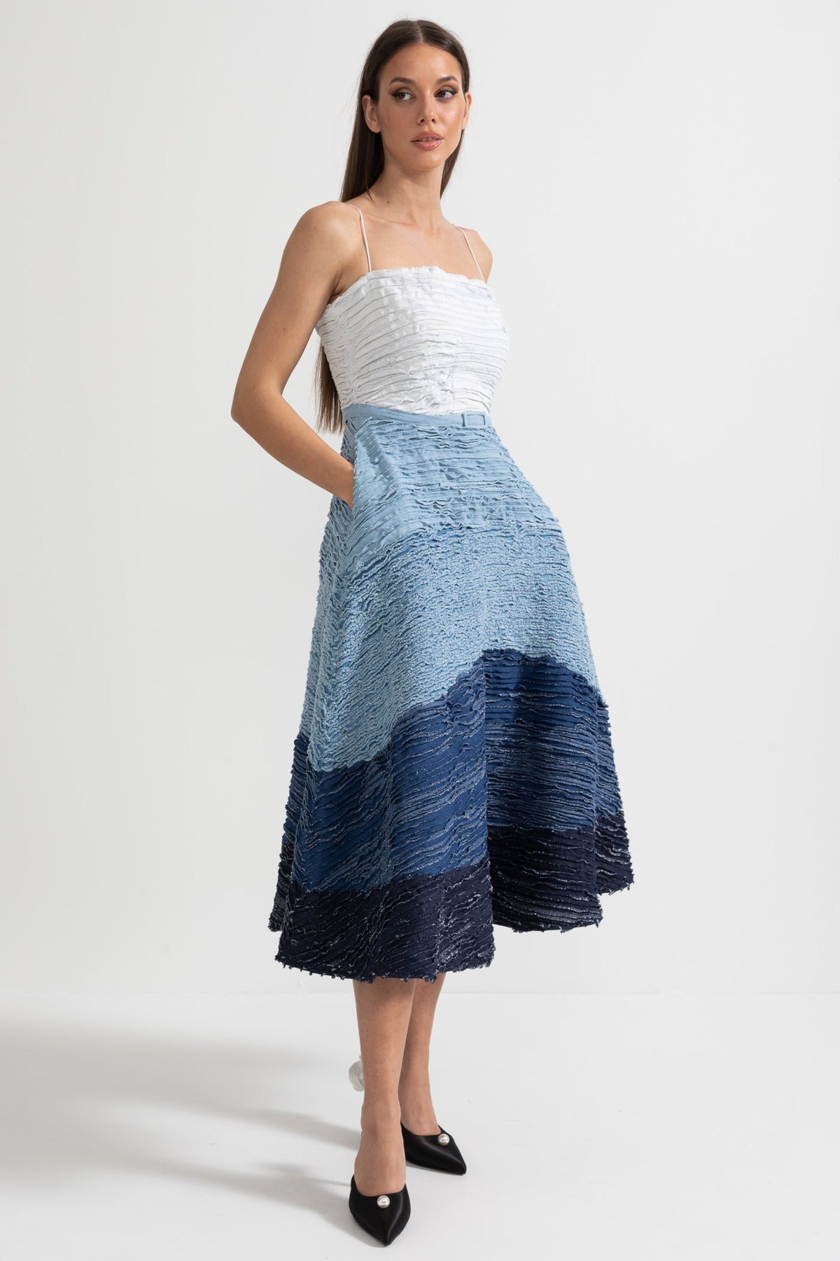 Ombre Pleated Spaghetti Strap Midi Dress with Denim Belt – White and Blue – view 2