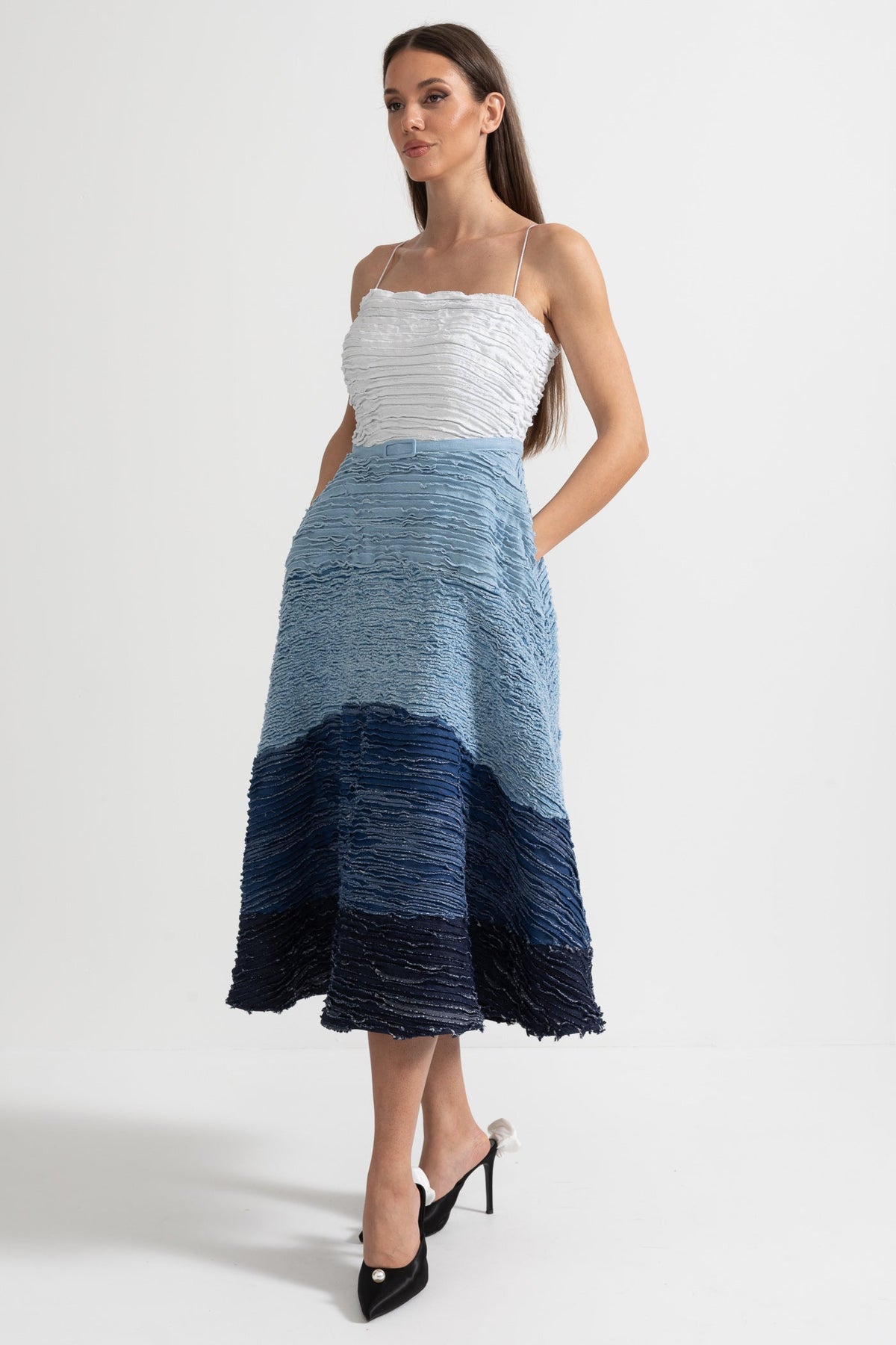 Ombre Pleated Spaghetti Strap Midi Dress with Denim Belt – White and Blue – view 3