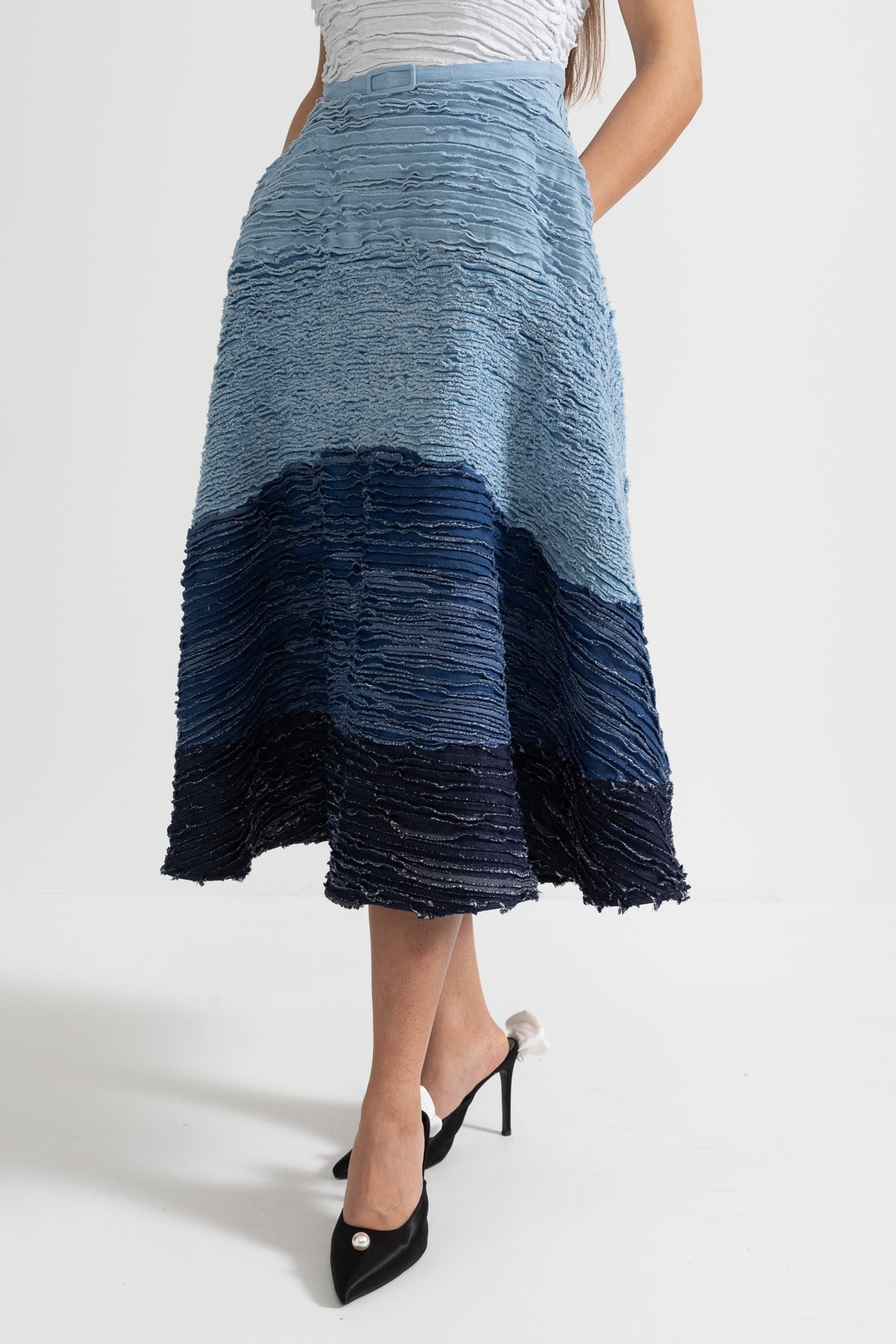 Ombre Pleated Spaghetti Strap Midi Dress with Denim Belt – White and Blue – view 5