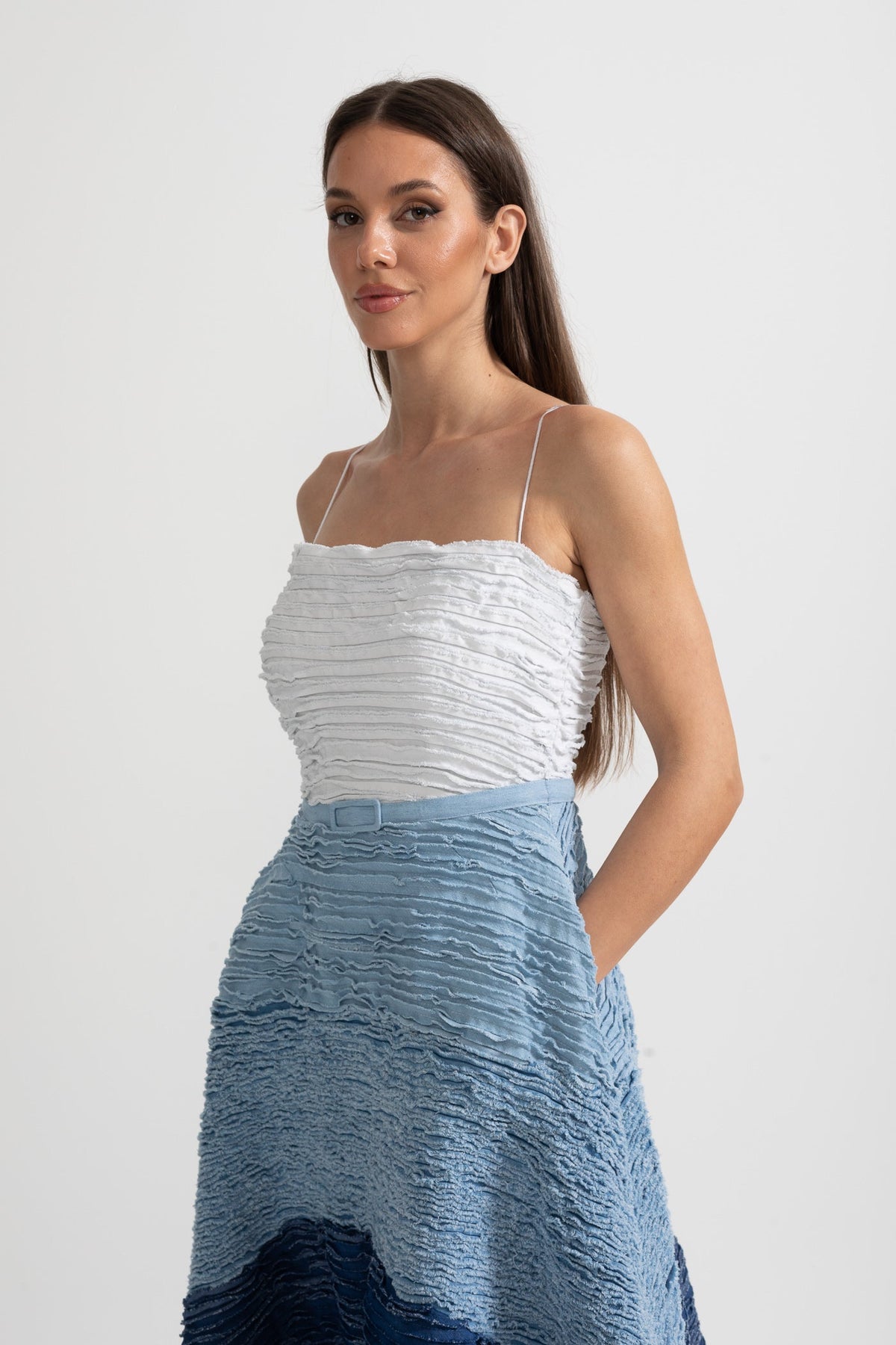 Ombre Pleated Spaghetti Strap Midi Dress with Denim Belt – White and Blue – view 6
