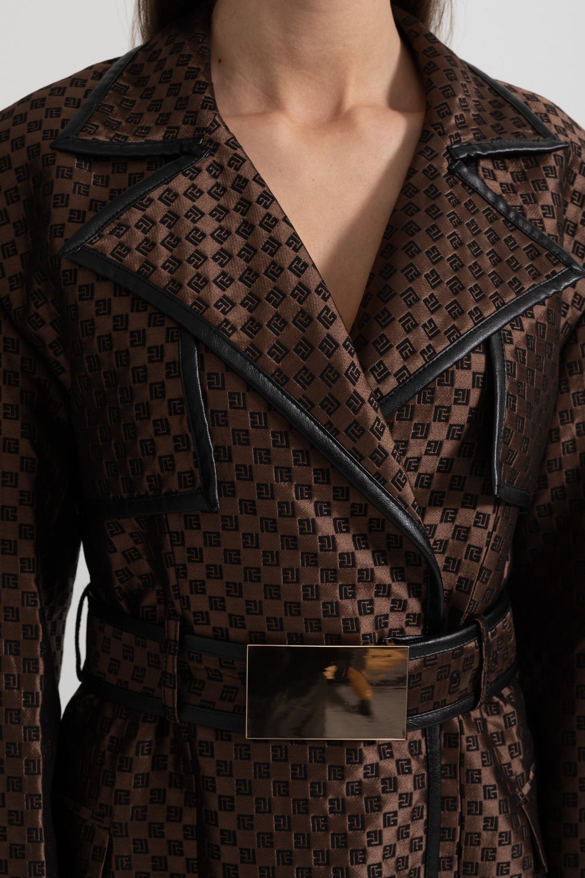 Wide Lapel Jacquard Trench Coat with Gold Buckle Waist Belt – Brown – view 7