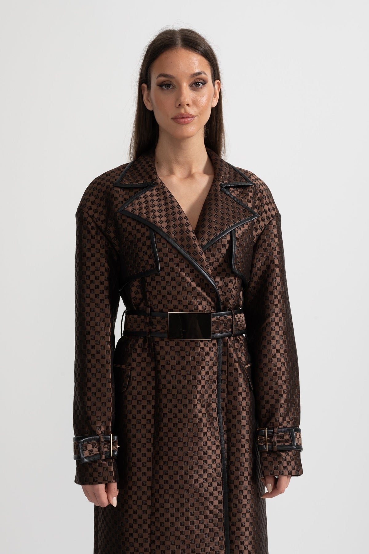 Wide Lapel Jacquard Trench Coat with Gold Buckle Waist Belt – Brown – view 5