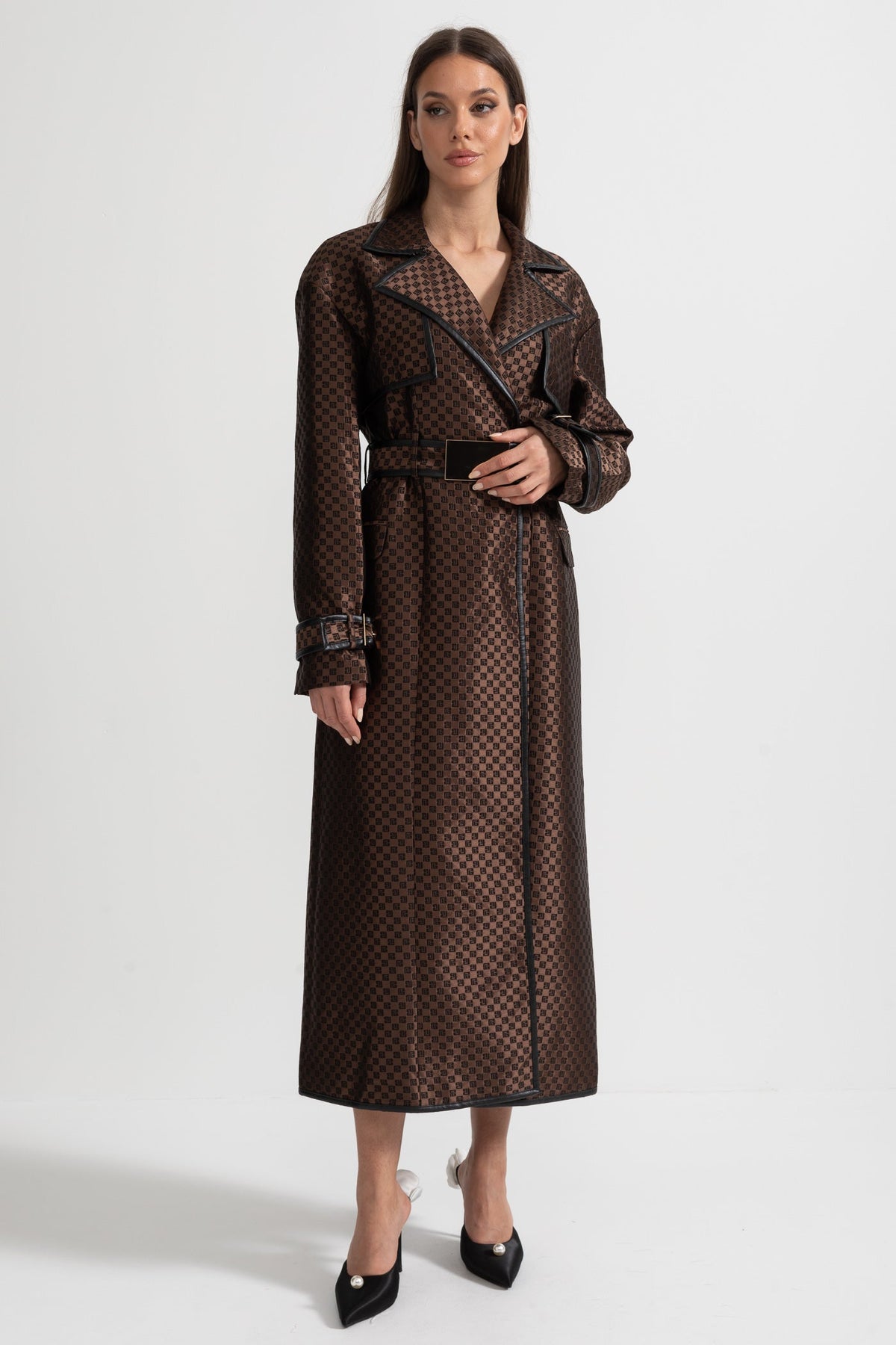 Wide Lapel Jacquard Trench Coat with Gold Buckle Waist Belt – Brown – view 4