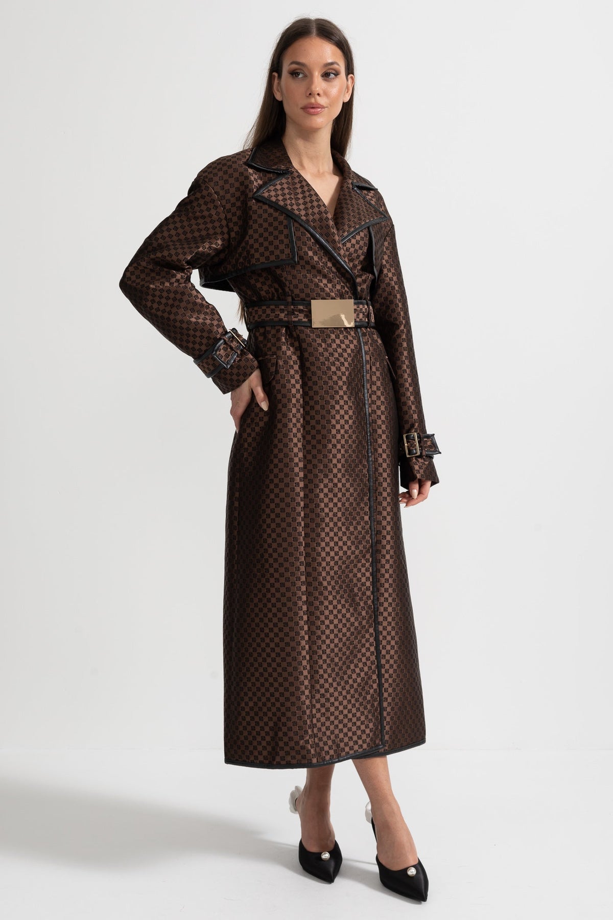 Wide Lapel Jacquard Trench Coat with Gold Buckle Waist Belt – Brown – view 3