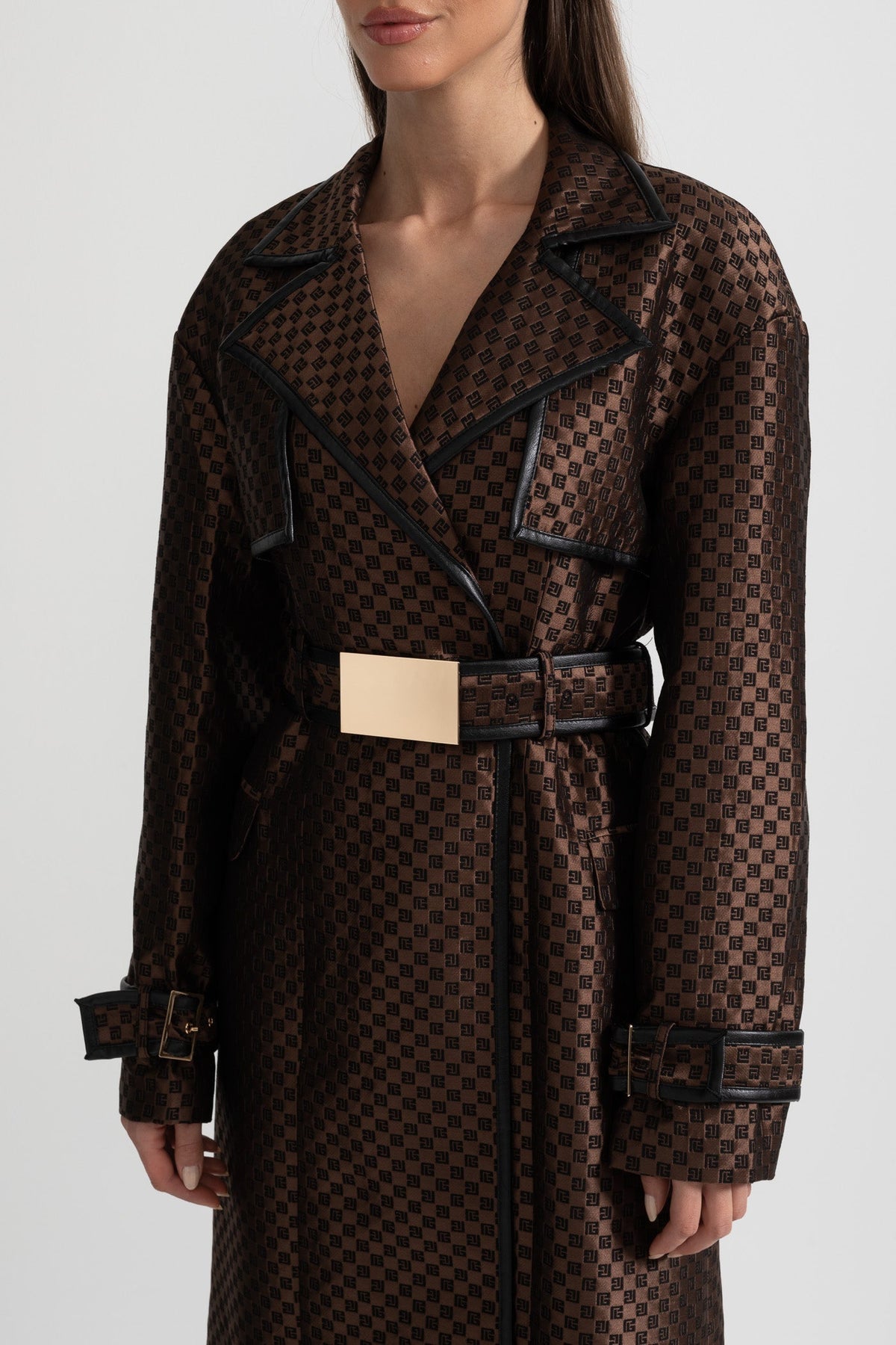 Wide Lapel Jacquard Trench Coat with Gold Buckle Waist Belt – Brown – view 6