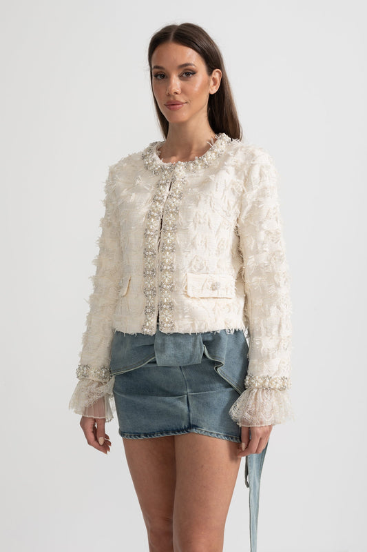 Cropped Tweed-Effect Jacket Top with Pearl and Crystal Trim – Ivoire – view 2