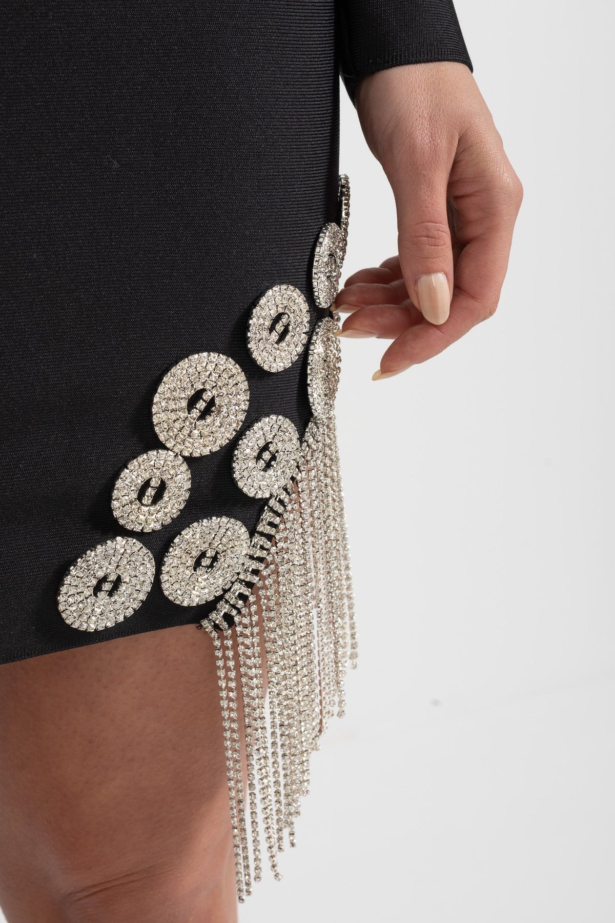 Crystal Embellished Blazer Mini Dress with Fringed Hem – Black – view 4