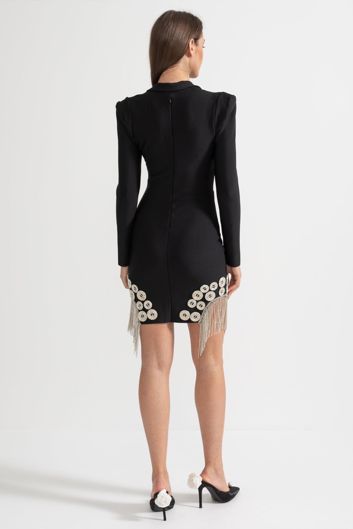 Crystal Embellished Blazer Mini Dress with Fringed Hem – Black – view 6