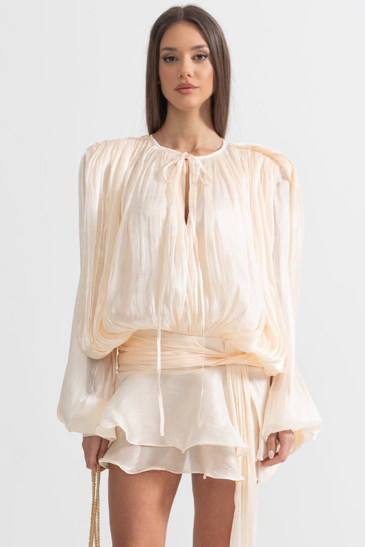 Pleated Long Sleeve Ruffle Mini Dress with Waistband – Apricot