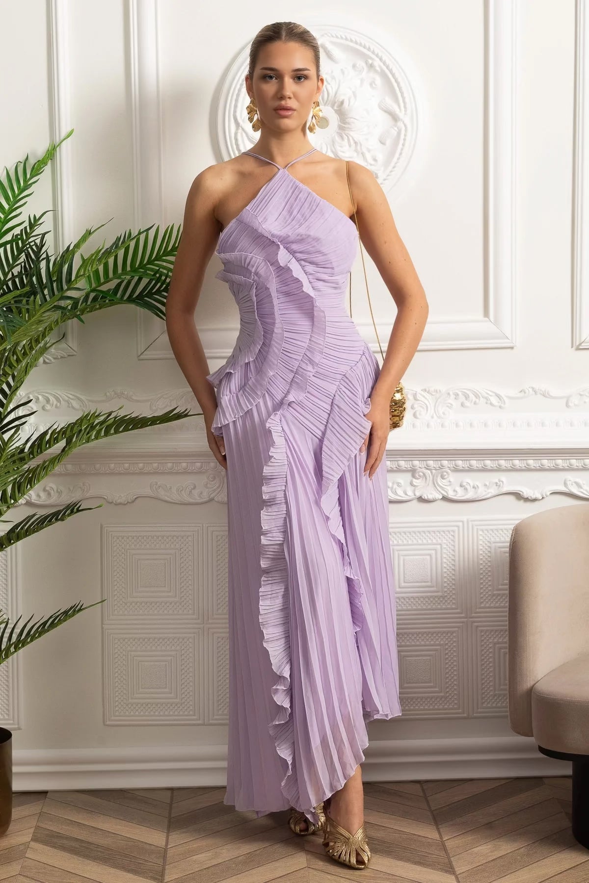 Accordion Pleated Halter Midi Dress with Cascading Ruffles – Lavender – view 4