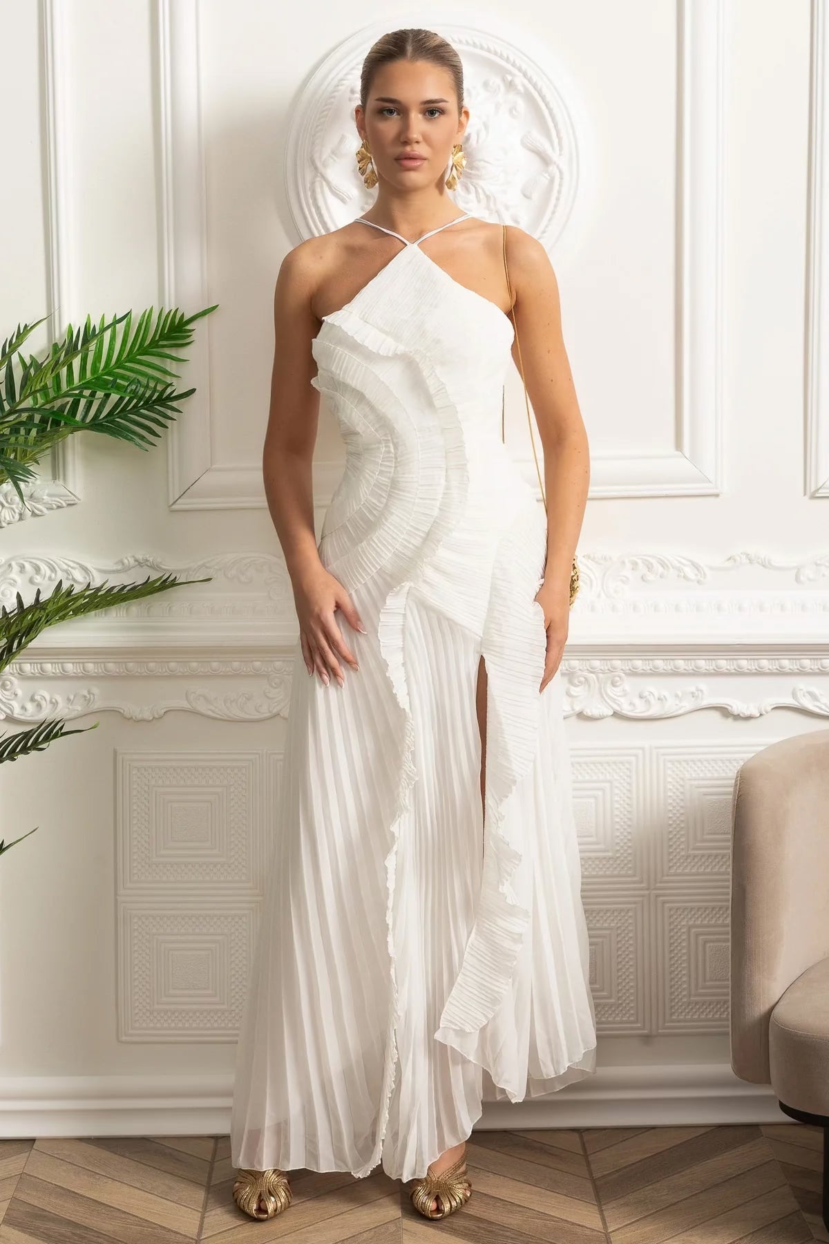 Accordion Pleated Halter Midi Dress with Cascading Ruffles – White – view 4