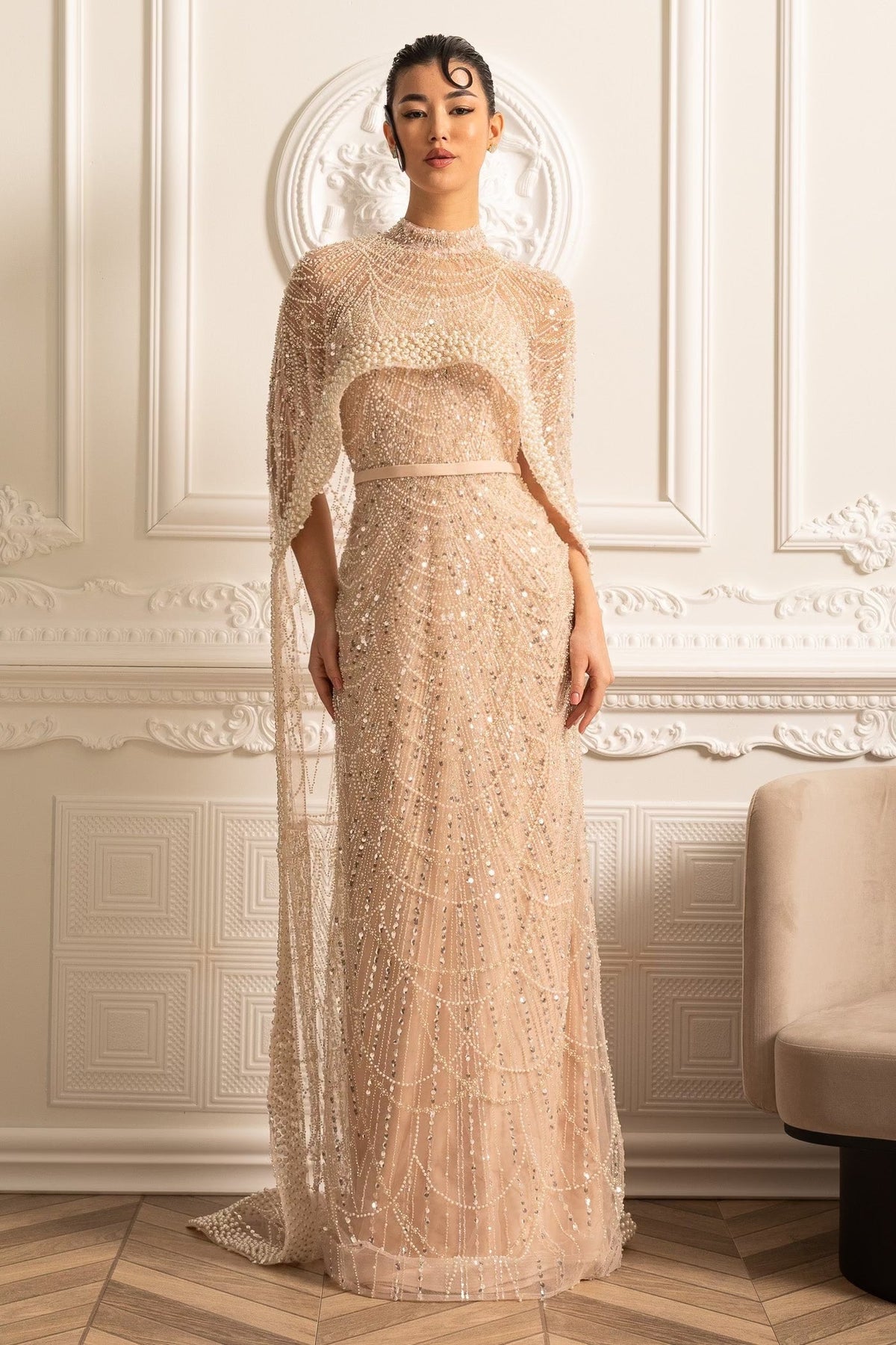 Beaded Sheer Corset Gown with Detachable Veil – Beige – view 1