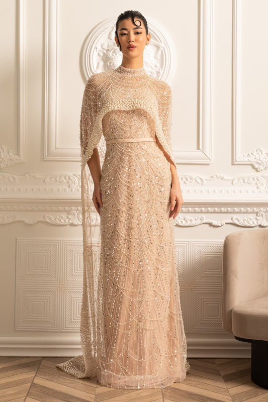 Beaded Sheer Corset Gown with Detachable Veil – Beige