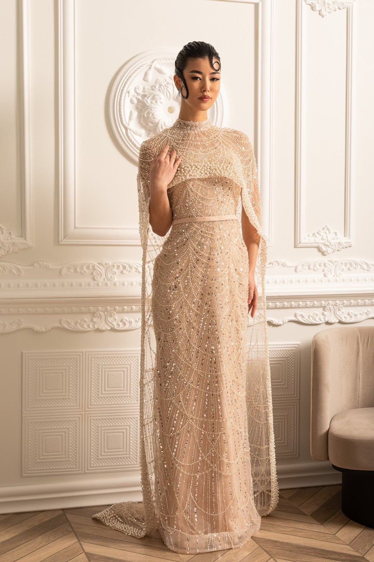 Beaded Sheer Corset Gown with Detachable Veil – Beige – view 4