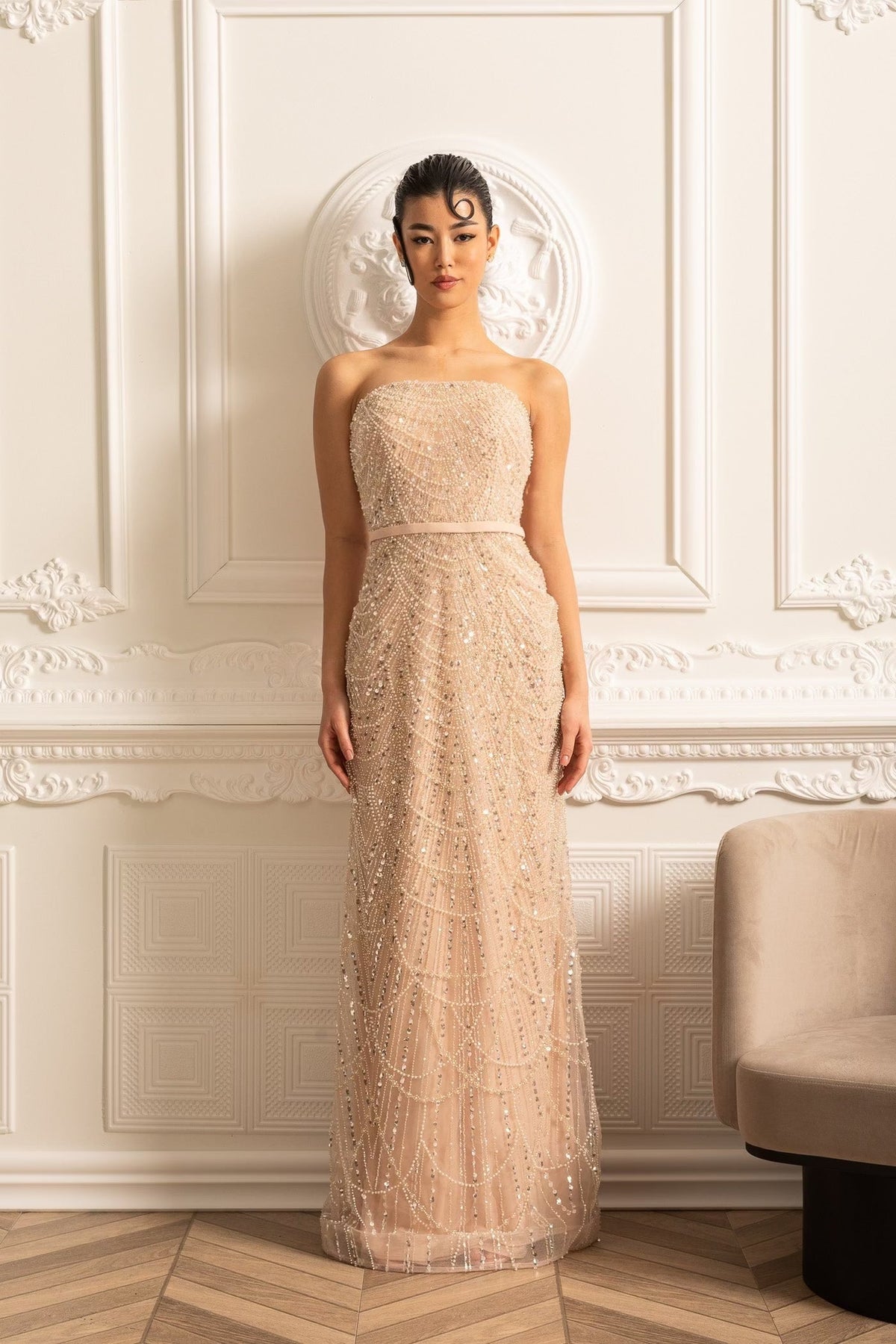 Beaded Sheer Corset Gown with Detachable Veil – Beige – view 2