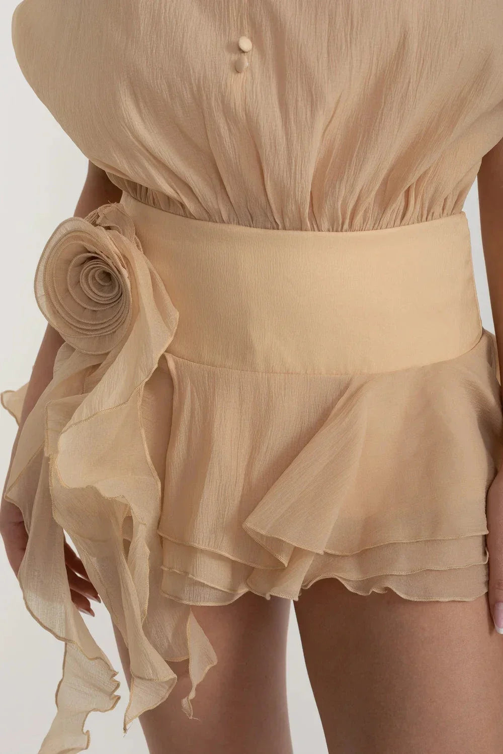 Strapless Draped Mini Dress with Peplum Hem and Rosette Waist – Beige – view 4