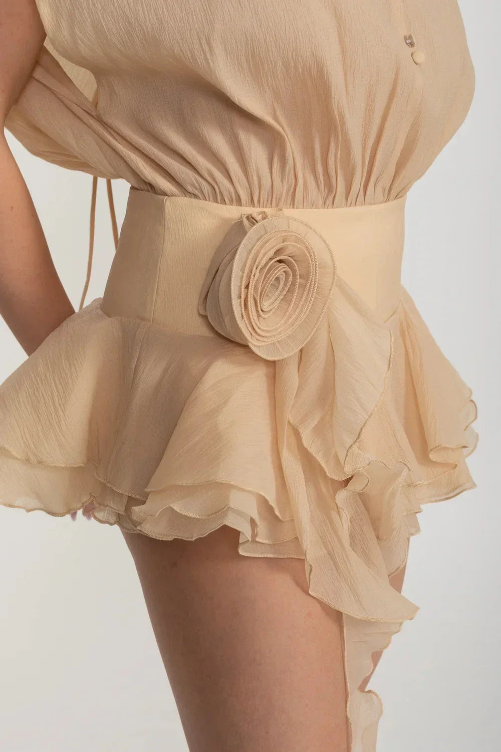 Strapless Draped Mini Dress with Peplum Hem and Rosette Waist – Beige – view 5