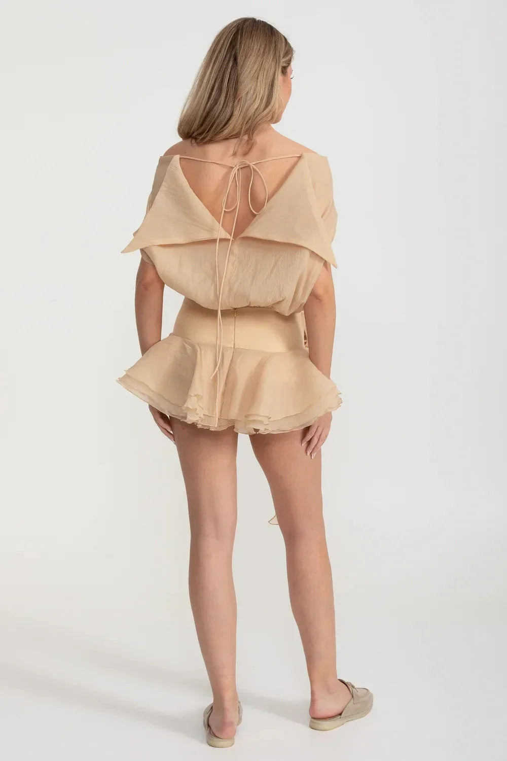 Strapless Draped Mini Dress with Peplum Hem and Rosette Waist – Beige – view 7