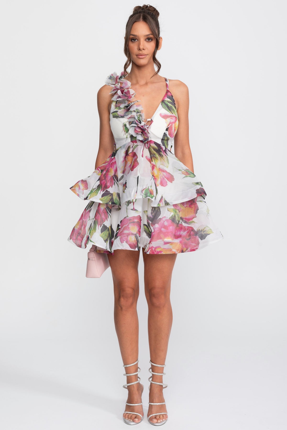 Floral Print Halter Neck Tiered Mini Dress with Rosette Strap – White – view 1