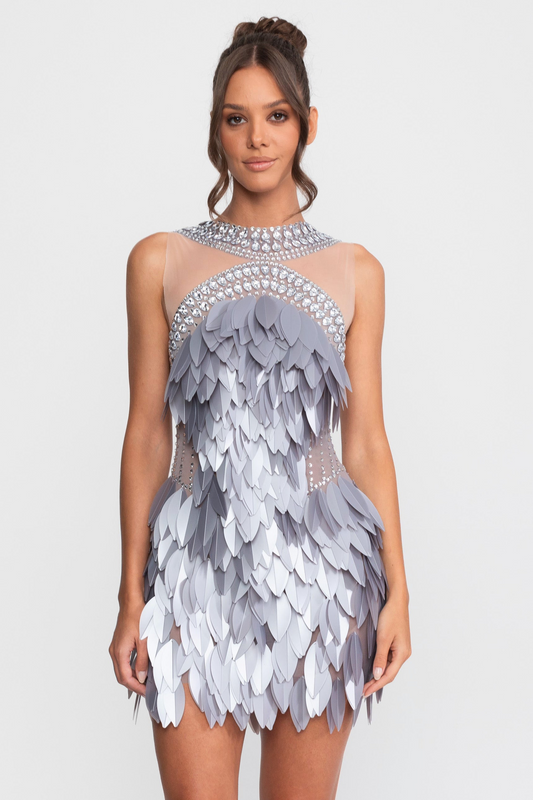Sheer Mesh Feather Panel Mini Dress with Crystal Neckline – Grey