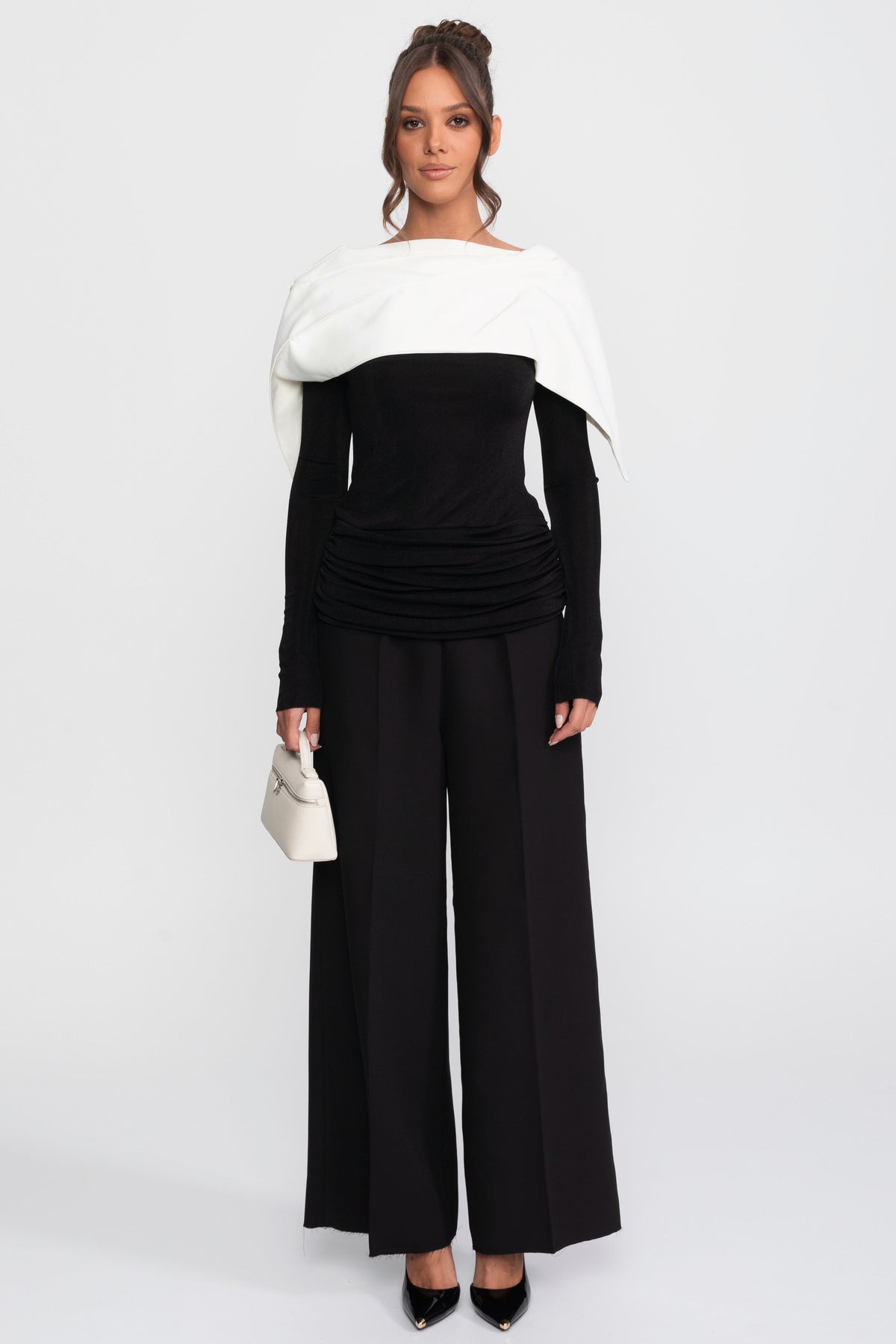 Ruched Wrap Top, Contrast Cape and Wide Leg Trouser Set – Black