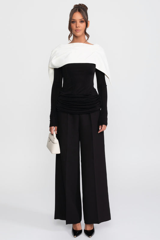 Ruched Wrap Top, Contrast Cape and Wide Leg Trouser Set – Black