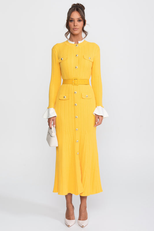 Fine Rib Knit Belted Midi Dress with Ivory Collar and Flared Cuffs – Yellow