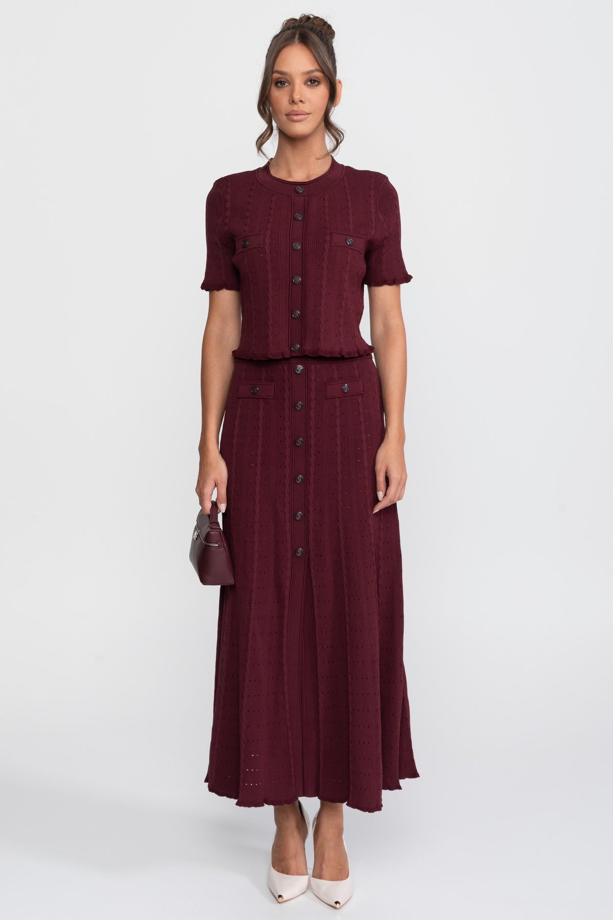 Ribbed Knit Cropped Cardigan and Pleated Maxi Skirt Set – Burgundy