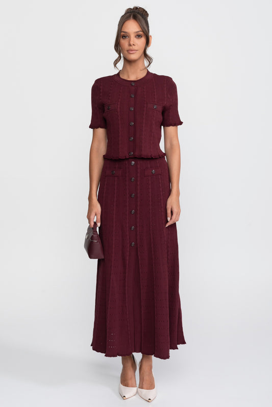 Ribbed Knit Cropped Cardigan and Pleated Maxi Skirt Set – Burgundy