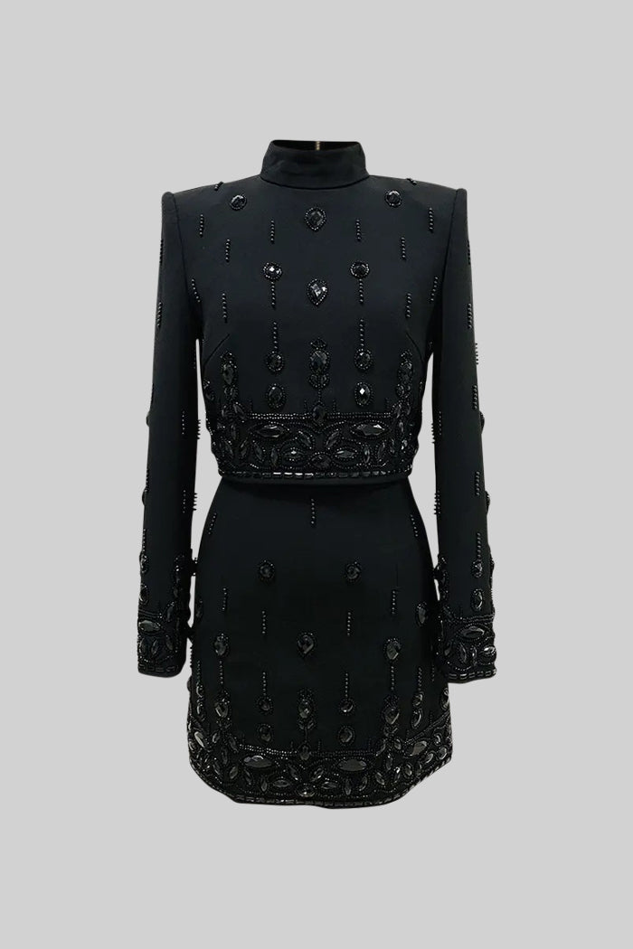 Diamond Embellished High Collar Jacket and Mini Skirt Co-ord Set – Black