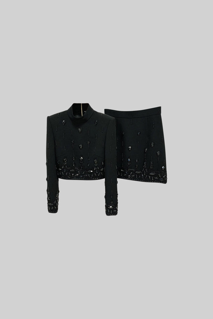 Diamond Embellished High Collar Jacket and Mini Skirt Co-ord Set – Black – view 4