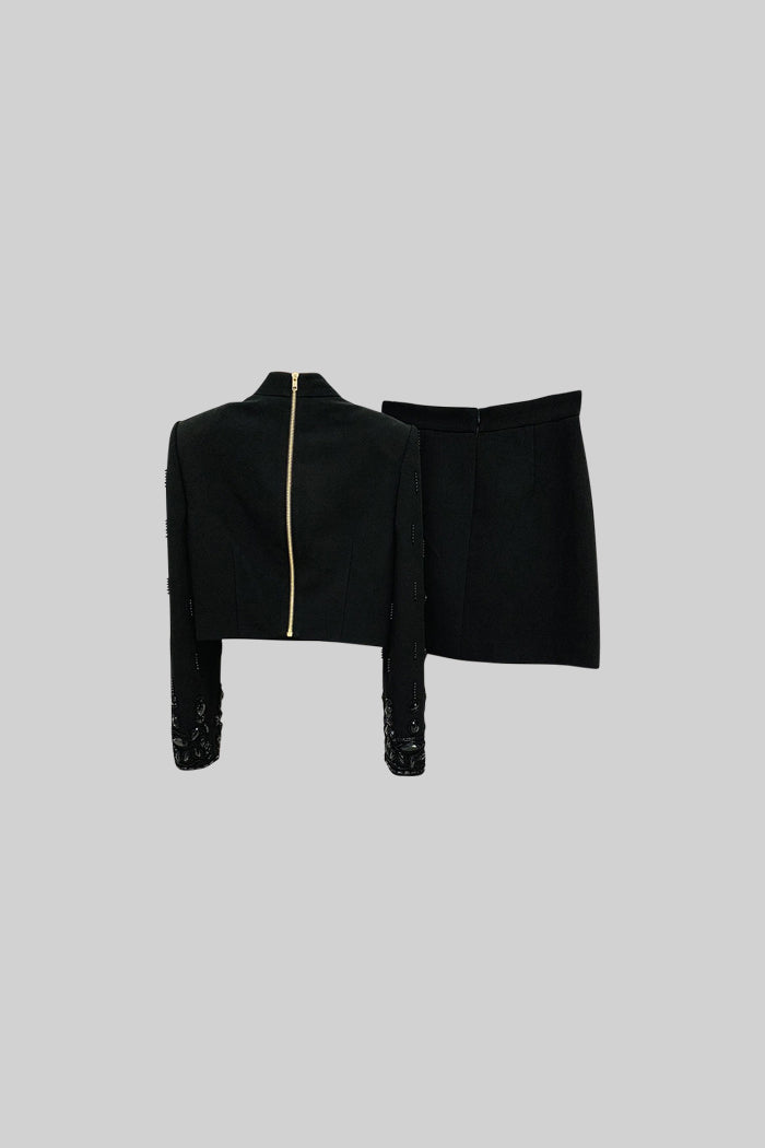 Diamond Embellished High Collar Jacket and Mini Skirt Co-ord Set – Black – view 2