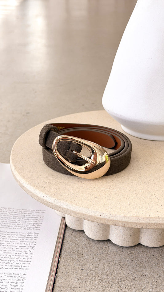 Celina Organic Curve Buckle Genuine Leather Belt – Olive