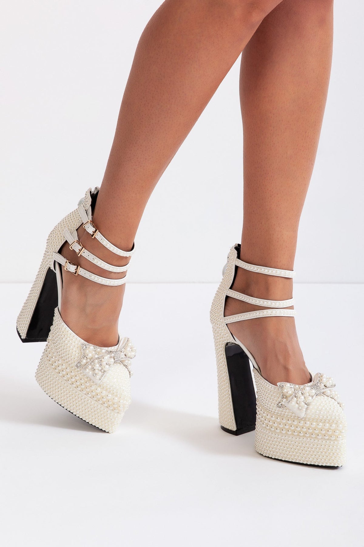 Pearl Embellished Platform Pumps with Gold Ankle Straps – White – view 2