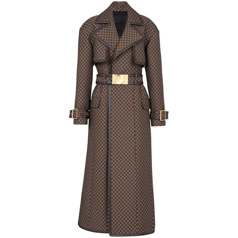 Wide Lapel Jacquard Trench Coat with Gold Buckle Waist Belt – Brown – view 2