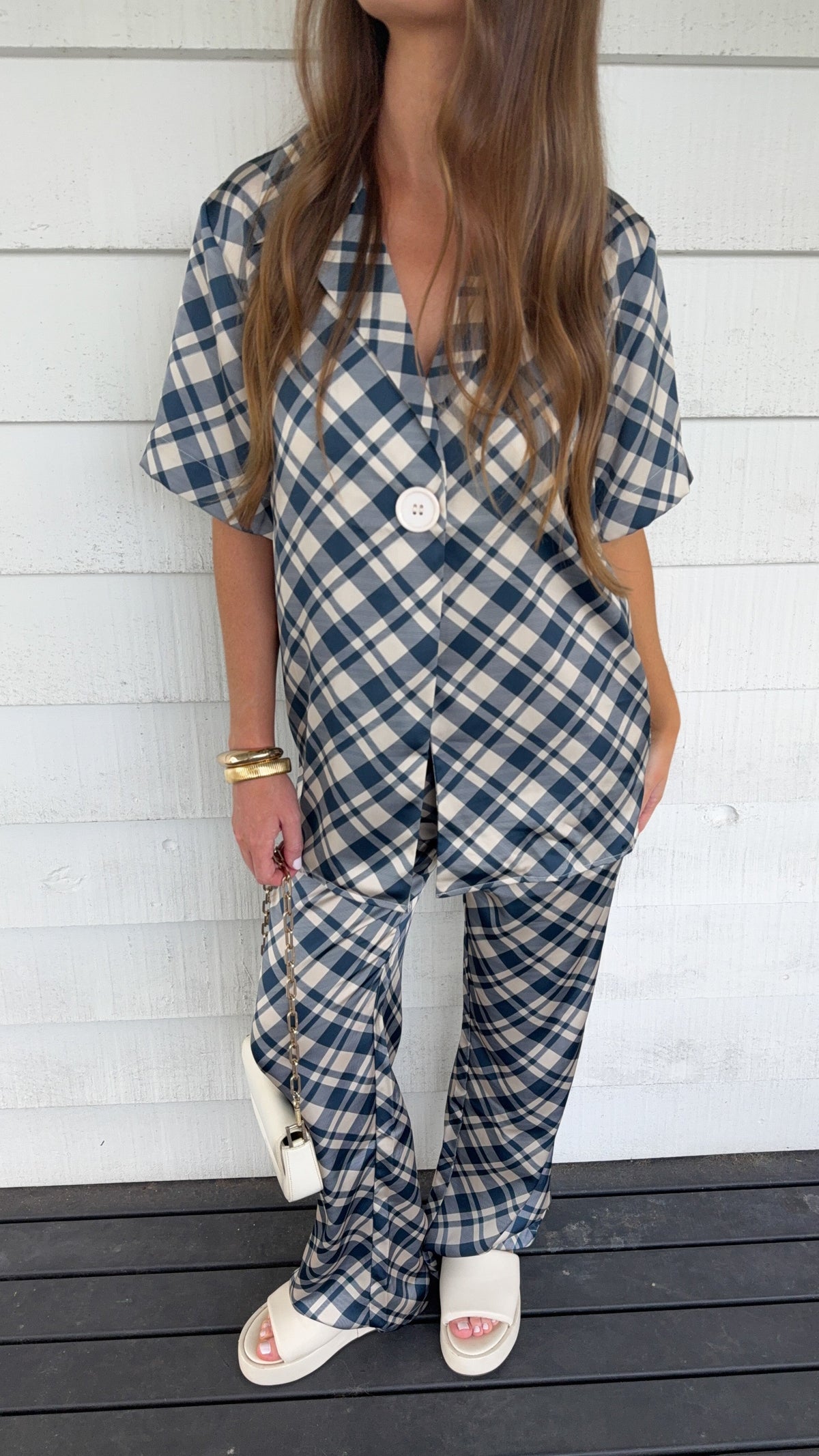 Imogen High Rise Wide Leg Elasticated Waist Trousers – Blue/Cream Plaid – view 3