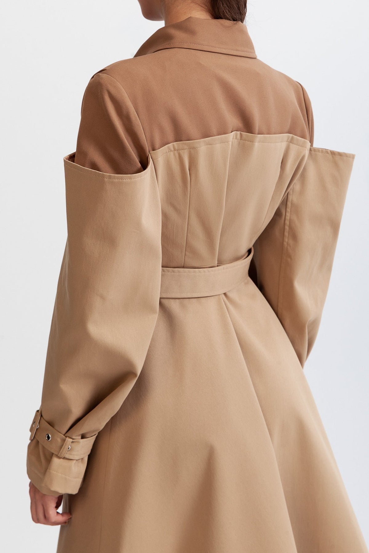 Two-Tone Blazer Trench Coat with Padded Shoulders and Belt – Nude – view 6
