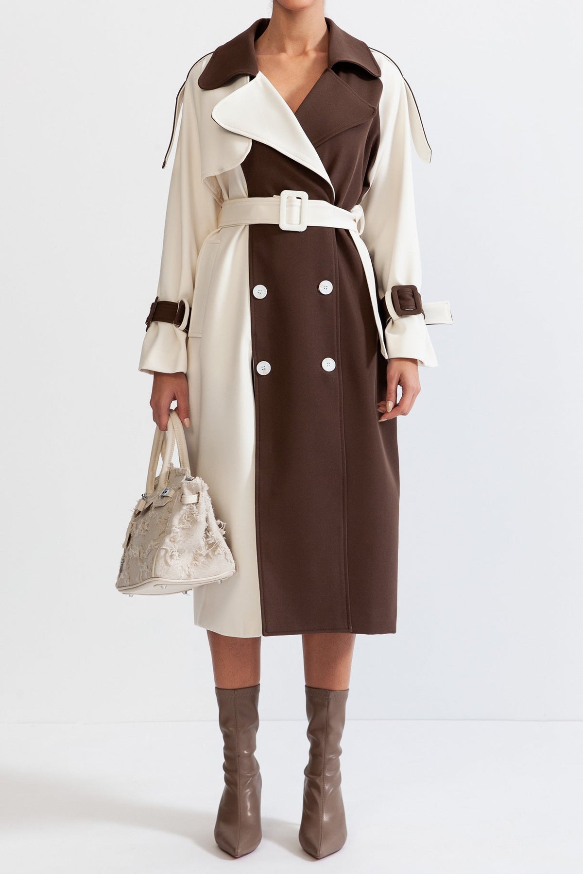Two-Tone Double-Breasted Belted Trench Coat – Cream & Brown – view 4