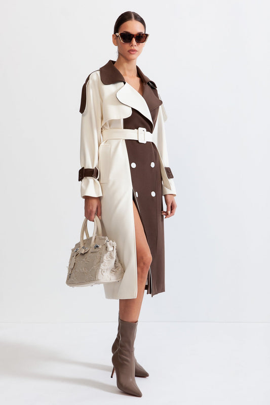 Two-Tone Double-Breasted Belted Trench Coat – Cream & Brown