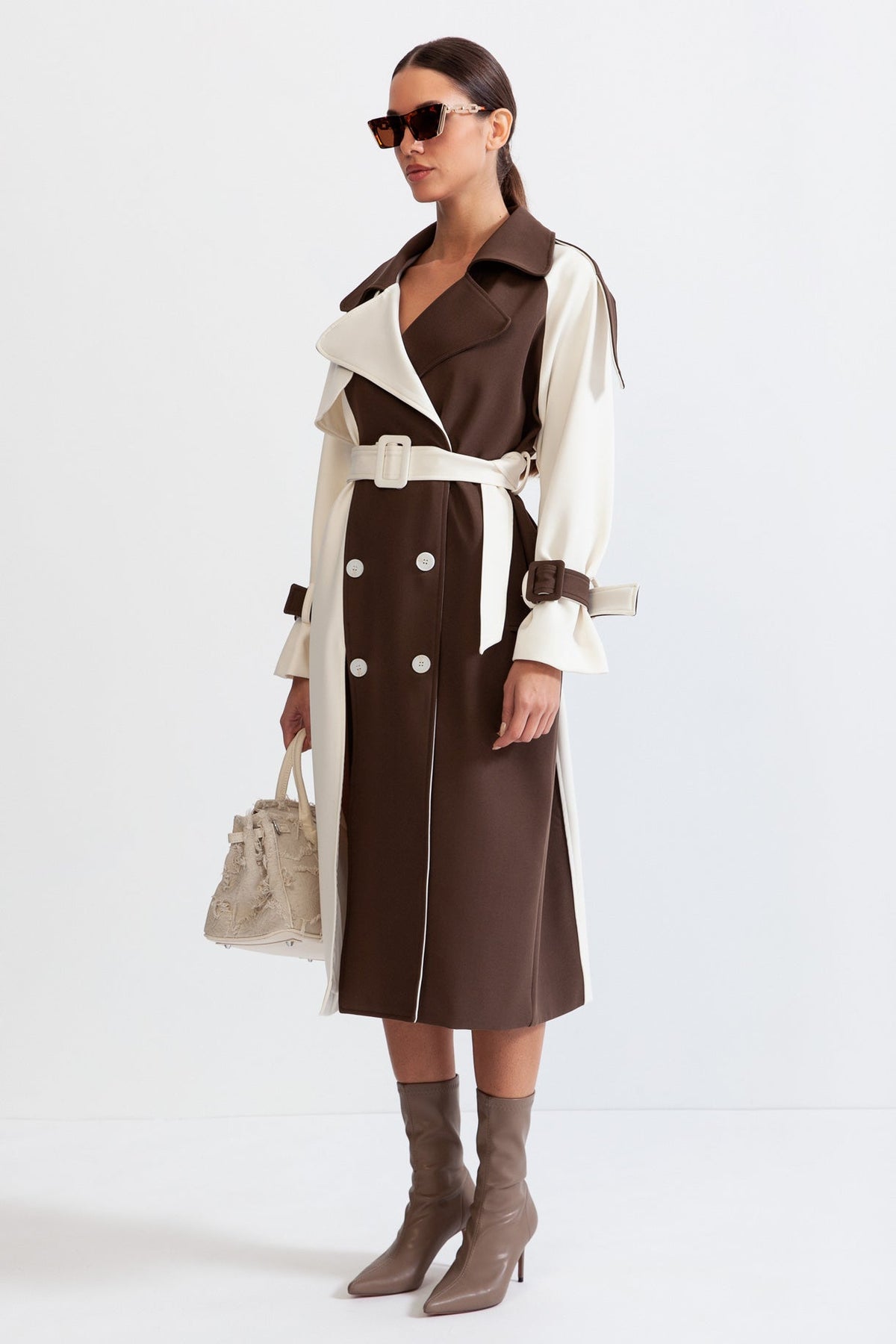Two-Tone Double-Breasted Belted Trench Coat – Cream & Brown