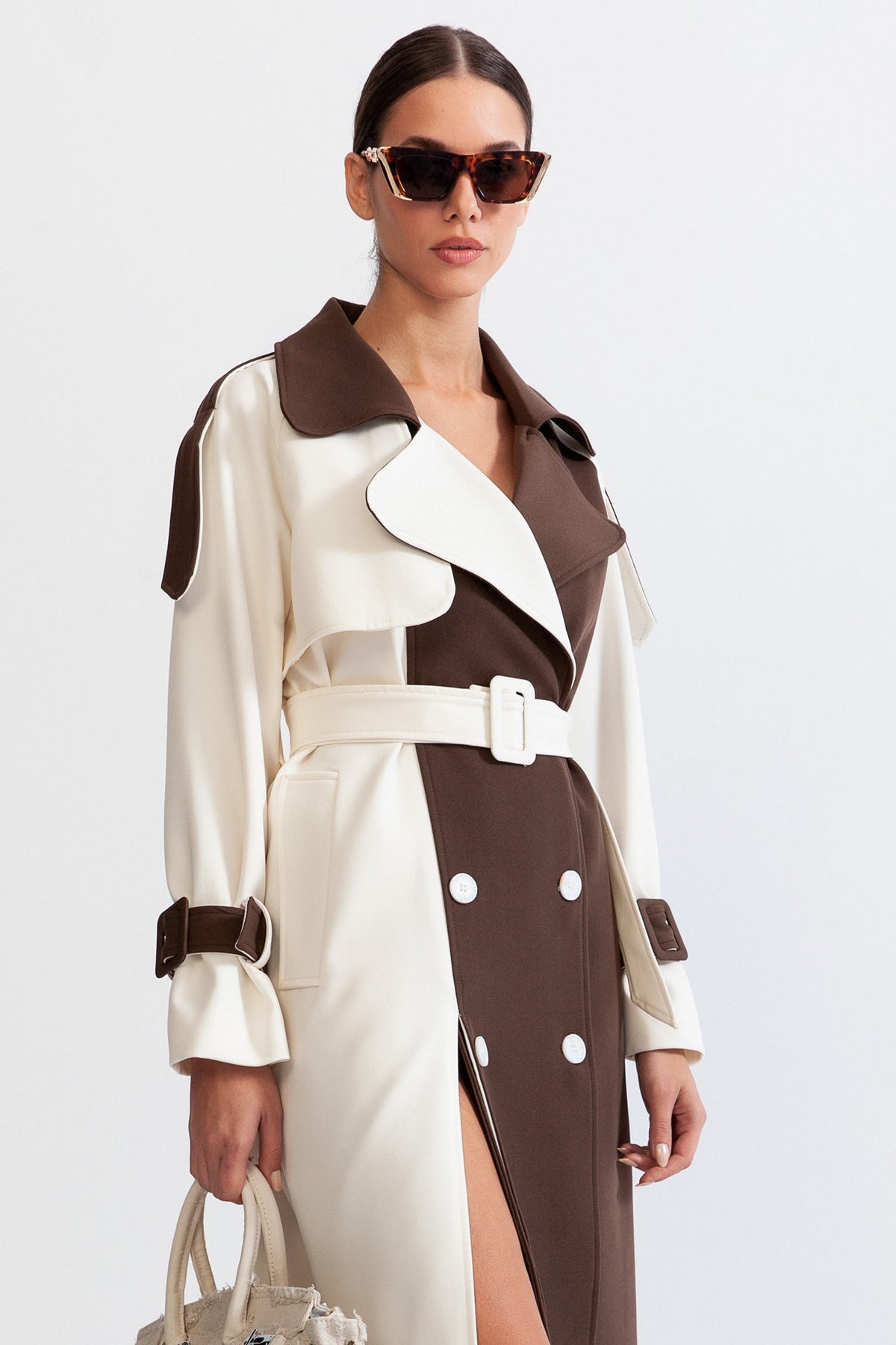 Two-Tone Double-Breasted Belted Trench Coat – Cream & Brown
